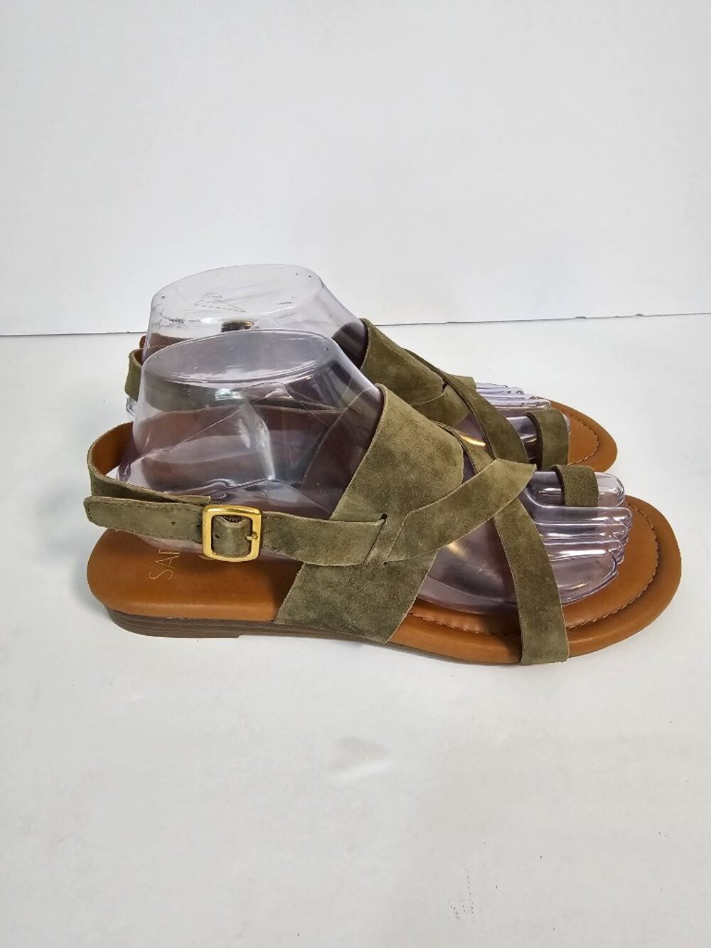 Franco Sarto Sandals Gia Olive Green Suede Boho Buckle Toe Loop 8.5 - Picture 3 of 10